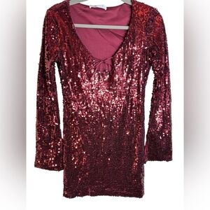 Elodie long split sleeve sequin minidress burgundy- lined pre-loved size small